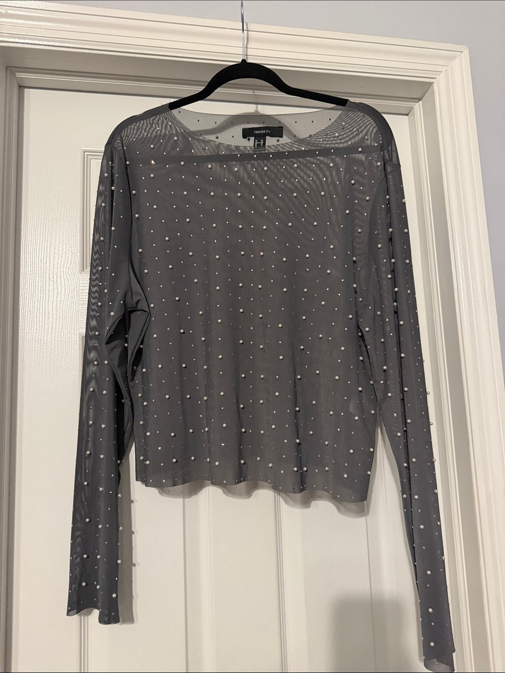 Express Gray Sheer Long-Sleeve Top with Pearl Accents